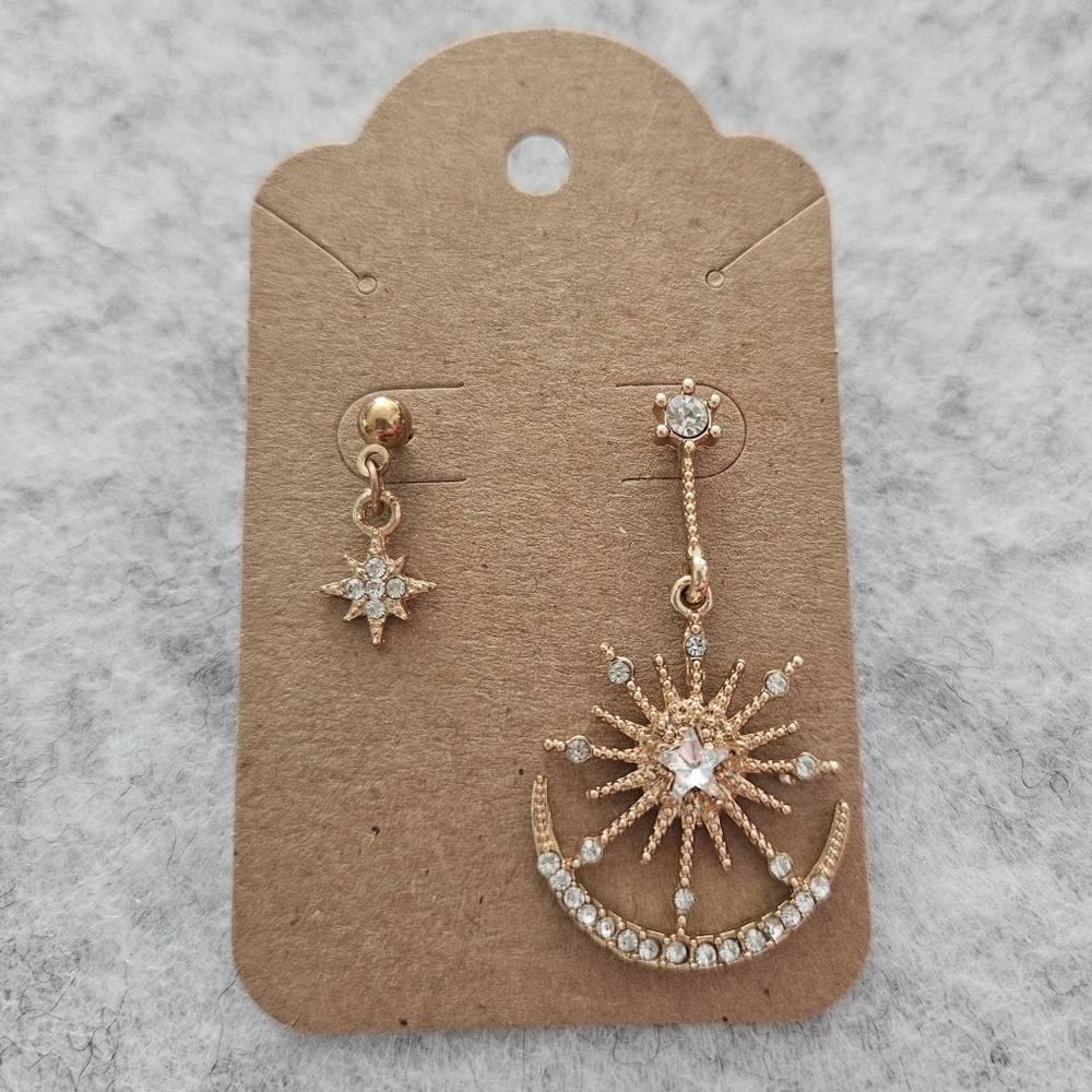 Asymmetrical Gold Tone Celestial Sun Star Earrings Set With‎ Rhinestones
